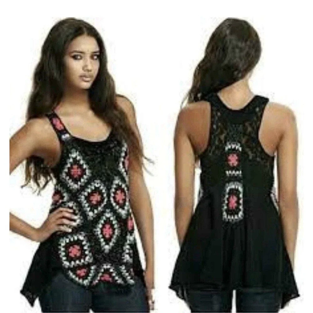Free People Granny Square Crochet/Sequin Boho Tank Top Black/White/Pink Size S